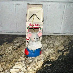 VINTAGE! Holly Bells Mouse Christmas Ornament, Gray, Blue 1986